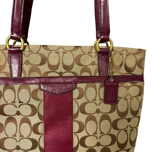Coach Signature Stripe Tote Bag Tan Jacquard Pink Plum Patent Leather F28504 - Picture 6 of 15